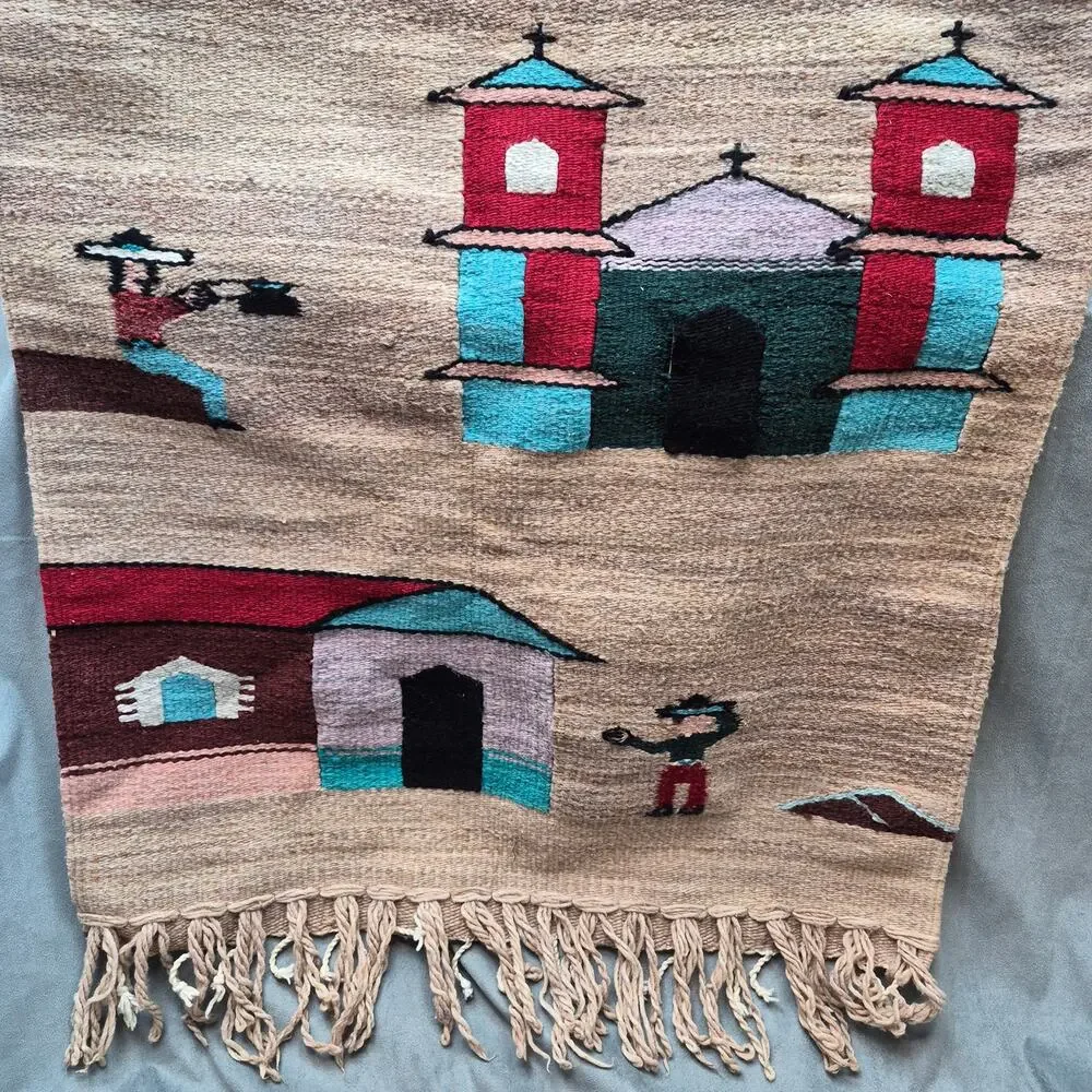 Vintage Mexican Southwest Village Church Scene Wool Tapestry/Wall Hanging Woven